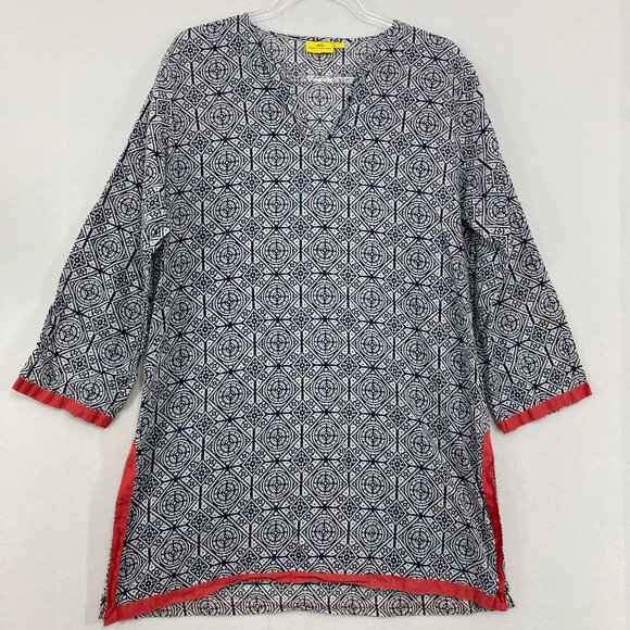Roberta Roller Rabbit Large Navy White Geometric V Neck Cotton Tunic Vacation - Picture 1 of 9